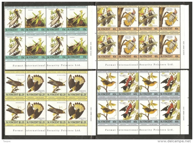 Saint Vincent 1985 Audubon Birds Forgeries in Lower Right Corner Stamp Blocks
