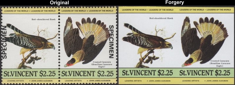 Saint Vincent 1985 Audubon Birds Forgeries with Original $2.25 Stamp Comparison