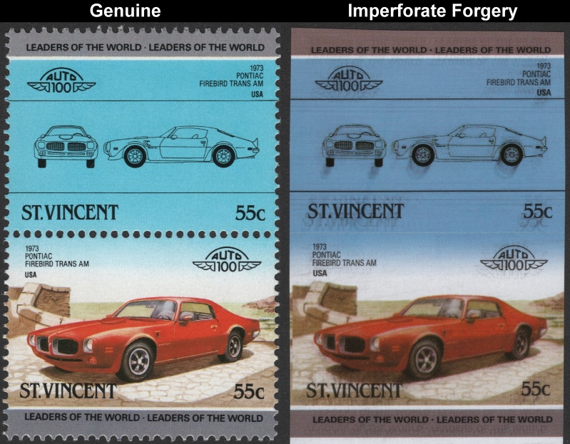 Saint Vincent 1985 Automobiles 55c Pontiac Firebird Forgery with Original 55c Stamp Comparison