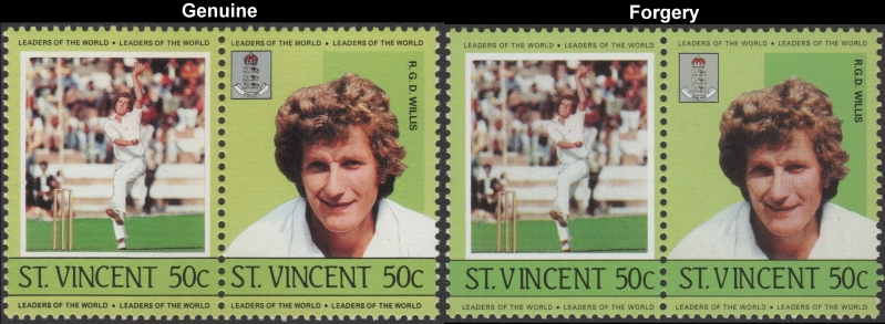 Saint Vincent 1985 Cricket Players R.G.D. Willis Fake with Original 50c Stamp Comparison