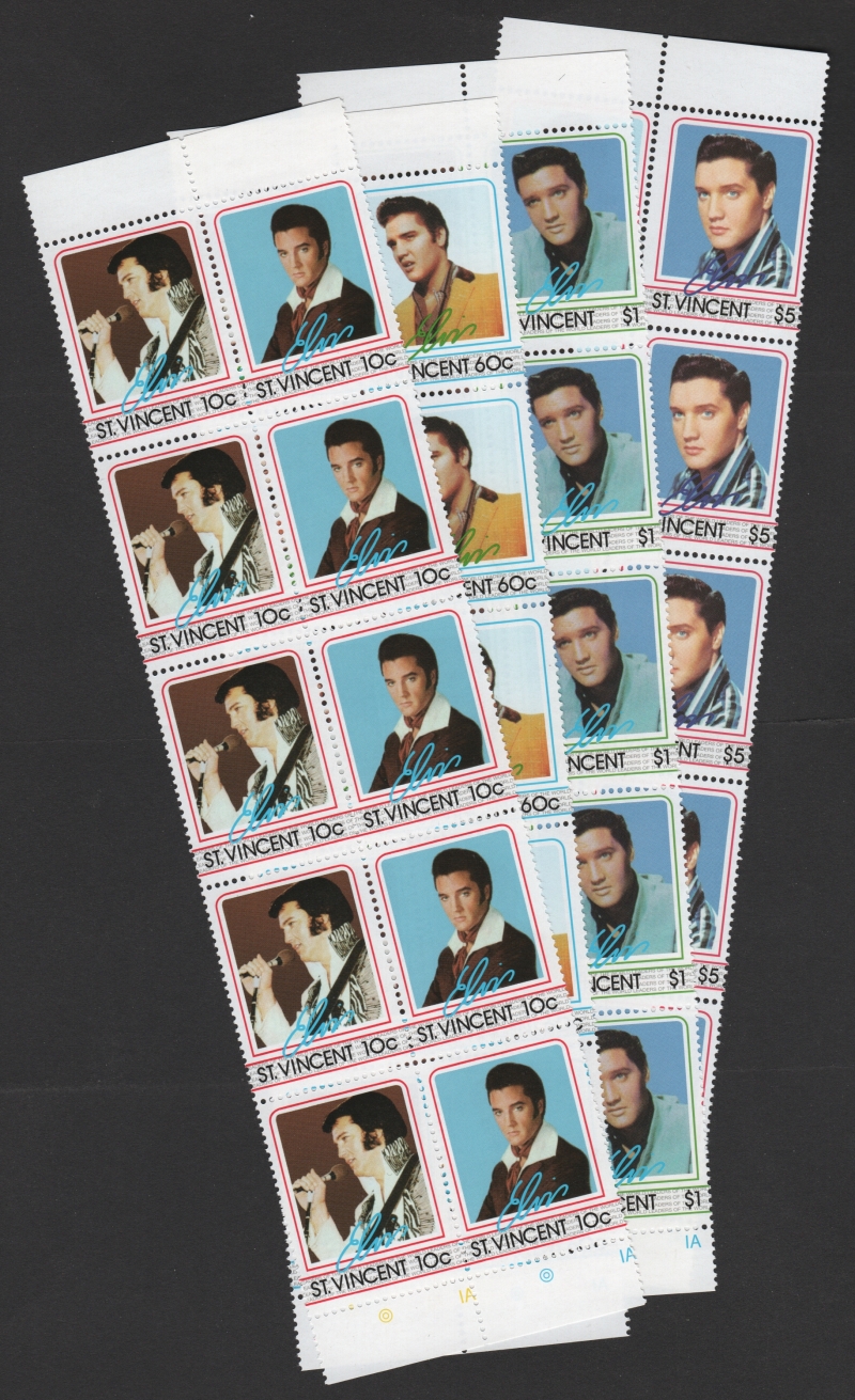 Saint Vincent 1985 Elvis Presley Stamp Forgeries in Strips of Five sold by balticamber2011