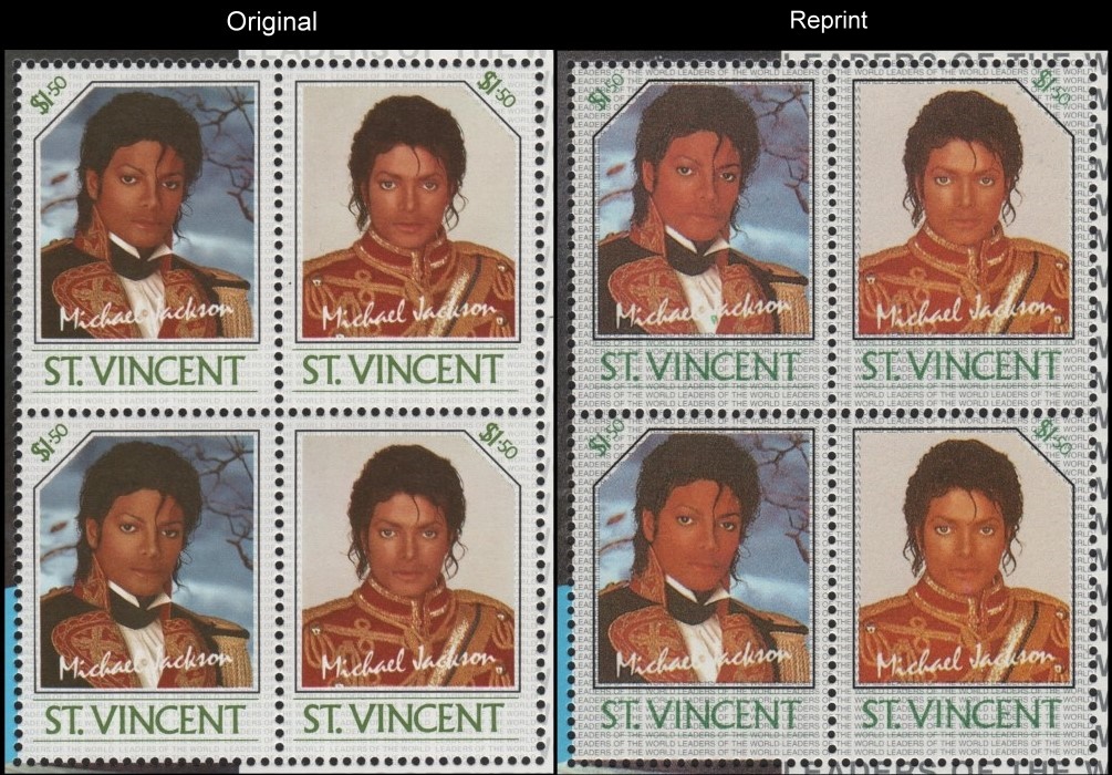 A Comparison of the Forged Unauthorized Reprint and Original Michael Jackson Scott 900 Souvenir Sheet Stamp Blocks