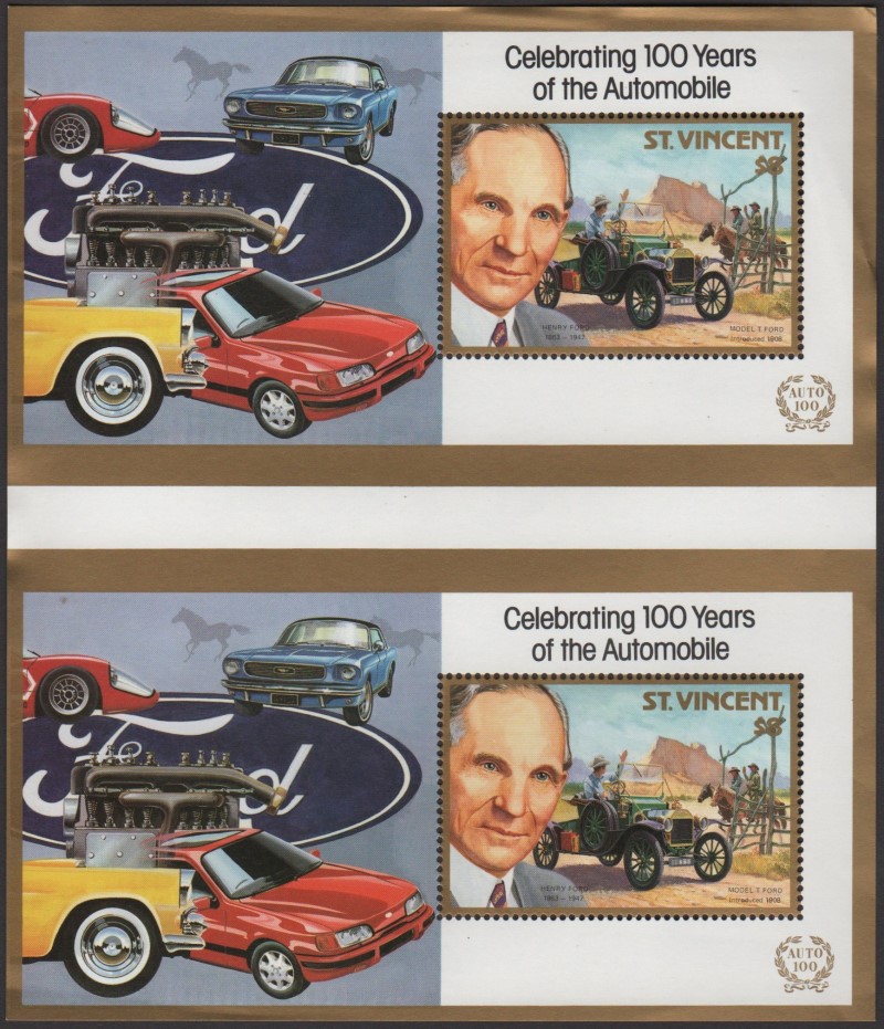 1987 Unissued Henry Ford Variety of Reversed Image Machine Cut Souvenir Sheet Pair