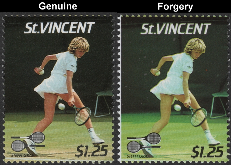 Saint Vincent 1987 Tennis Players $1.25 Steffi Graf Stamp Forgery with Genuine $1.25 Stamp Comparison