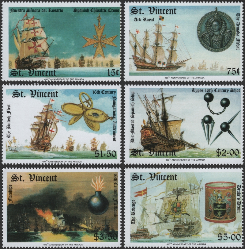 Saint Vincent 1988 Spanish Armada Perforated Stamp Forgery Set