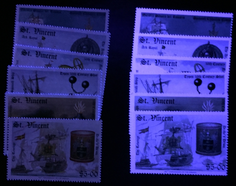 Saint Vincent 1988 Spanish Armada Comparison of Forgeries with Genuine Stamps Under Ultra-violet Light