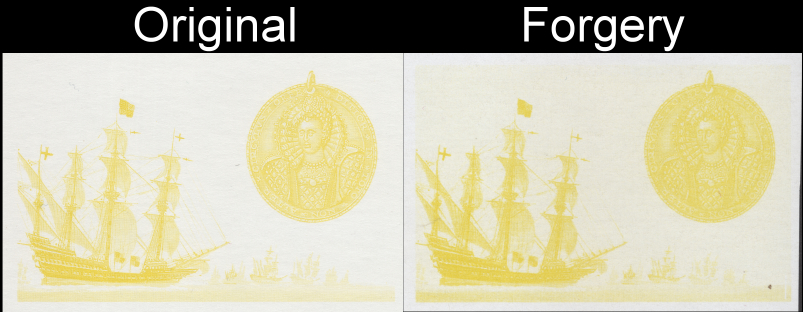 Saint Vincent 1988 Spanish Armada 75c Fake with Original Color Comparison of the Yellow Proofs