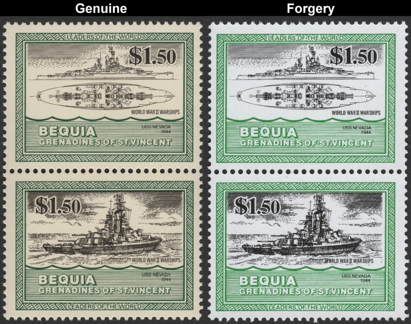 Saint Vincent Bequia 1985 Warships $1.50 USS Nevada Forgery with Genuine $1.50 Stamp Comparison