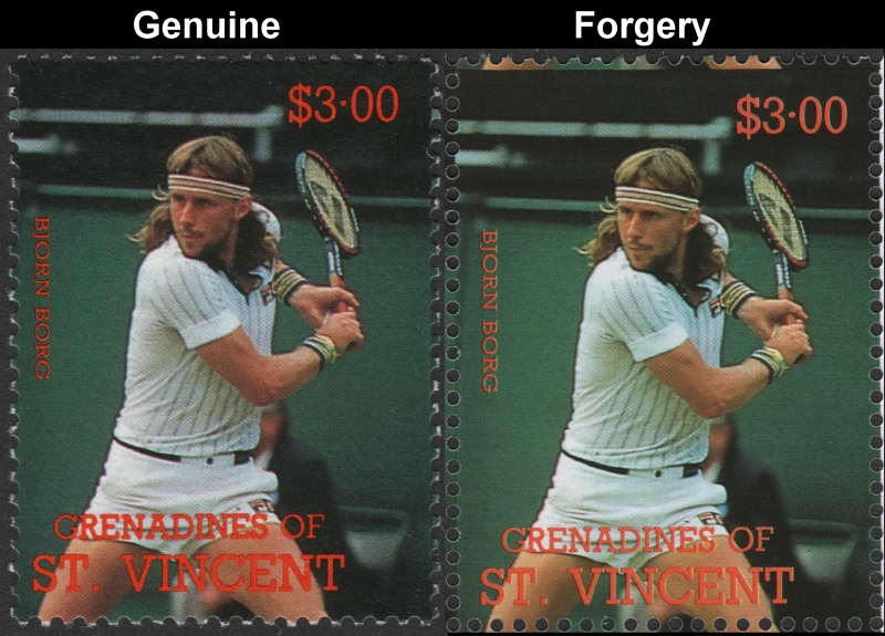 Saint Vincent Grenadines 1988 Tennis Players $3.00 Bjorn Borg Stamp Forgery with Genuine $3.00 Stamp Comparison