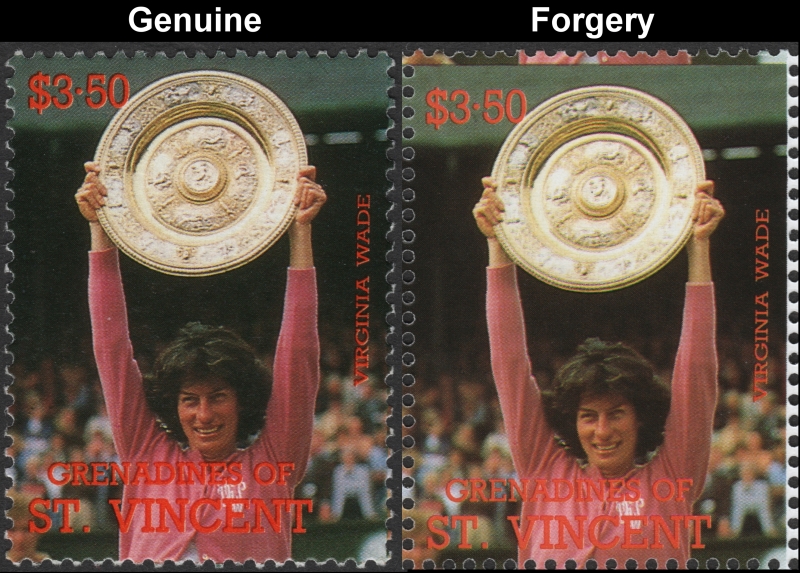 Saint Vincent Grenadines 1988 Tennis Players $3.50 Virginia Wade Stamp Forgery with Genuine $3.50 Stamp Comparison