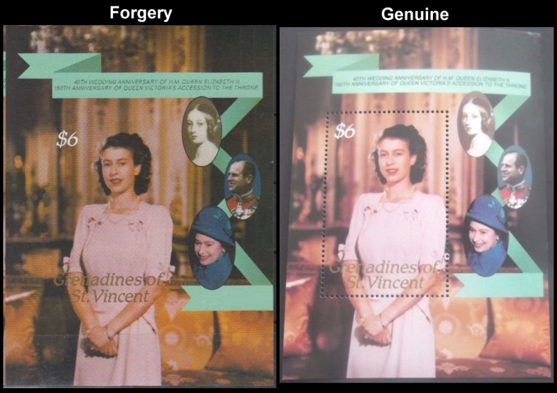 Saint Vincent Grenadines 1987 Queen Elizabeth 40th Wedding Anniversary Imperforate Forgery with Poorly Imaged Genuine Souvenir Sheet Comparison