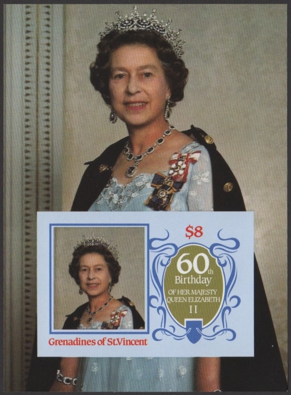 Saint Vincent Grenadines 1986 60th Birthday of Queen Elizabeth II Fake Imperforate Souvenir Sheet