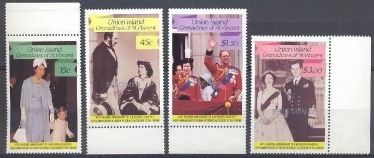 1987 Union Island Royal Ruby Wedding SPECIMEN Overprinted Stamps