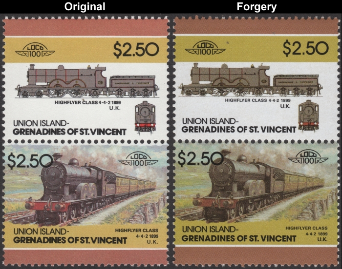 Saint Vincent Union Island 1986 Locomotives Highflyer Class Fake with Original $2.50 Stamp Comparison