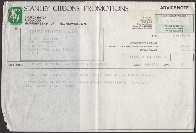 Invoice Description of Contents for Stanley Gibbons Promotions RWXE-18
