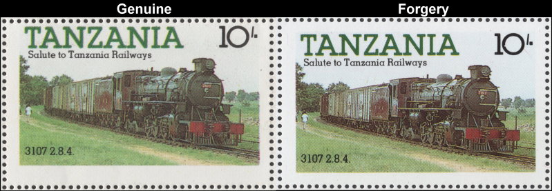 Tanzania 1985 Locomotives Fake with Original 10L Stamp Comparison