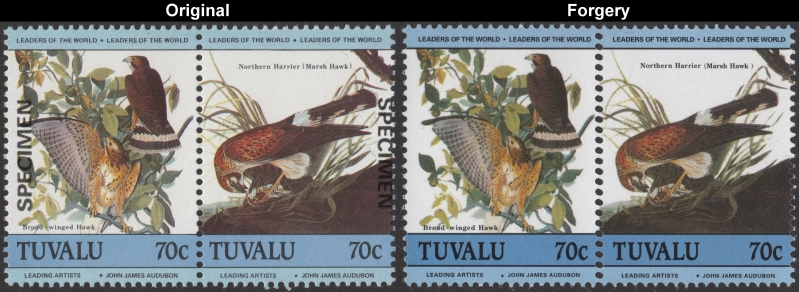 Tuvalu 1985 Leaders of the World Audubon Birds 70c Fake with Original 70c Stamp Comparison