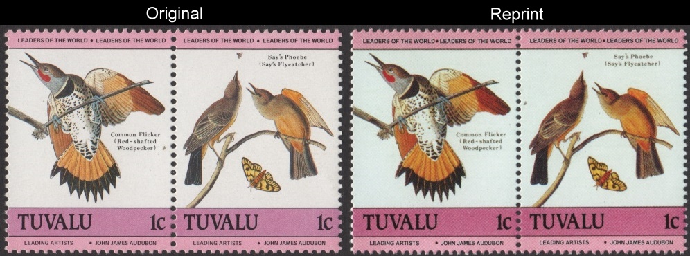 The Forged Unauthorized Reprint Tuvalu 1985 Audubon Birds Scott 279 Pair with Original Pair for Comparison