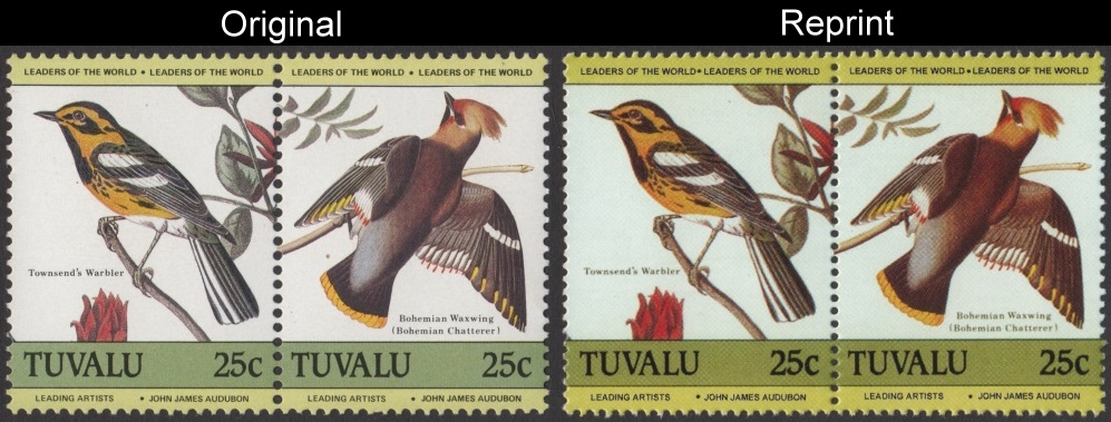 The Forged Unauthorized Reprint Tuvalu 1985 Audubon Birds Scott 280 Pair with Original Pair for Comparison