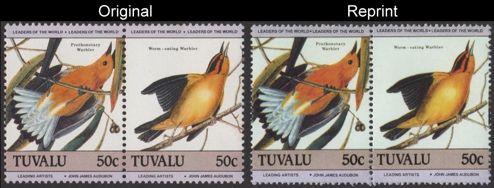 The Forged Unauthorized Reprint Tuvalu 1985 Audubon Birds Scott 281 Pair with Original Pair for Comparison