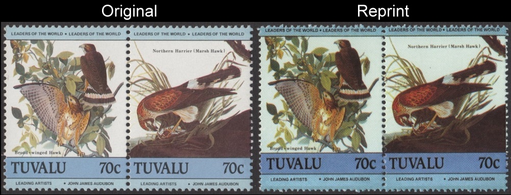 The Forged Unauthorized Reprint Tuvalu 1985 Audubon Birds Scott 282 Pair with Original Pair for Comparison