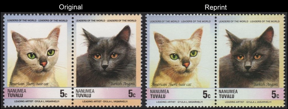 The Forged Unauthorized Reprint Tuvalu Nanumea 1985 Cats Scott 29 Pair with Original Pair for Comparison