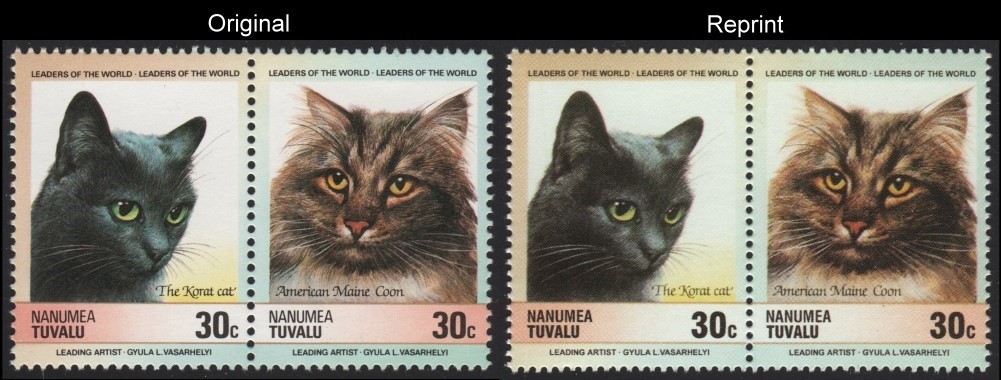 The Forged Unauthorized Reprint Tuvalu Nanumea 1985 Cats Scott 30 Pair with Original Pair for Comparison
