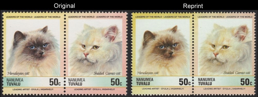 The Forged Unauthorized Reprint Tuvalu Nanumea 1985 Cats Scott 31 Pair with Original Pair for Comparison