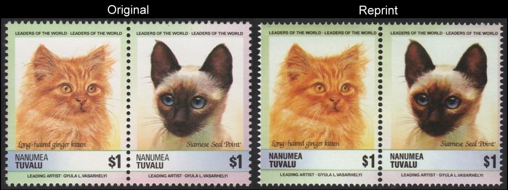 The Forged Unauthorized Reprint Tuvalu Nanumea 1985 Cats Scott 32 Pair with Original Pair for Comparison