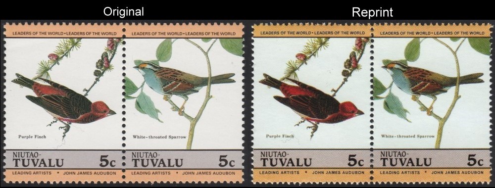The Forged Unauthorized Reprint Tuvalu Niutao 1985 Audubon Birds Scott 25 Pair with Original Pair for Comparison