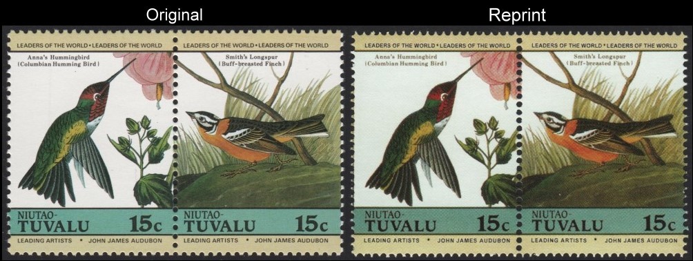The Forged Unauthorized Reprint Tuvalu Niutao 1985 Audubon Birds Scott 26 Pair with Original Pair for Comparison