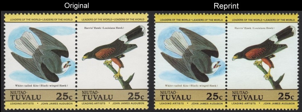 The Forged Unauthorized Reprint Tuvalu Niutao 1985 Audubon Birds Scott 27 Pair with Original Pair for Comparison