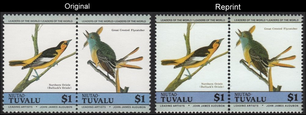 The Forged Unauthorized Reprint Tuvalu Niutao 1985 Audubon Birds Scott 28 Pair with Original Pair for Comparison