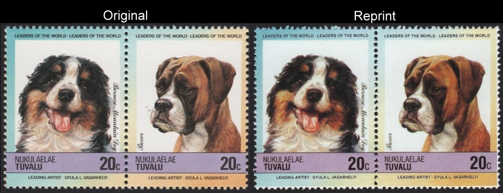 The Forged Unauthorized Reprint Tuvalu Nukulaelae 1985 Dogs Scott 36 Pair with Original Pair for Comparison
