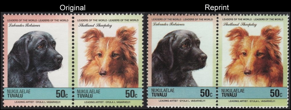The Forged Unauthorized Reprint Tuvalu Nukulaelae 1985 Dogs Scott 37 Pair with Original Pair for Comparison