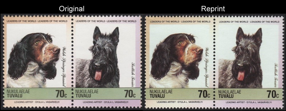 The Forged Unauthorized Reprint Tuvalu Nukulaelae 1985 Dogs Scott 38 Pair with Original Pair for Comparison