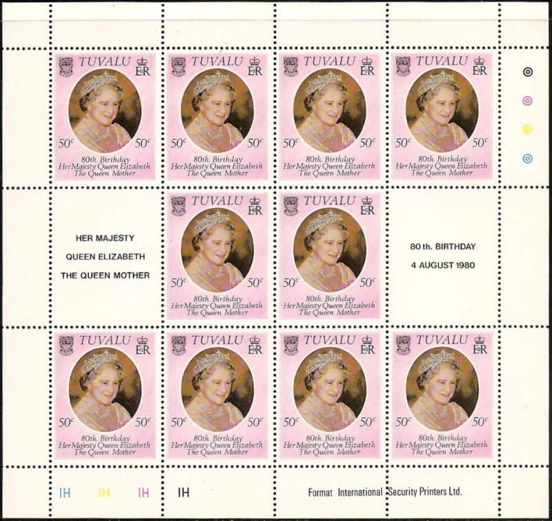1980 80th Birthday of the Queen Mother Sheet of 10 Plus 2 Labels