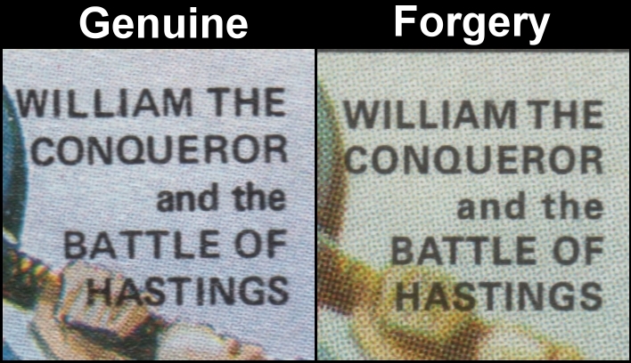 Saint Vincent Union Island 1984 British Monarchs 1c William the Conquerer Fake with Original Comparison of the Fonts