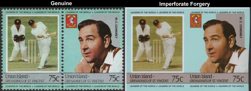 Saint Vincent Union Island 1984 Cricket Players 75c M.C. Cowdrey Forgery with Genuine 75c Stamp Comparison