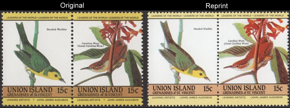 The Forged Unauthorized Reprint Union Island 1985 Audubon Birds Scott 186 Pair with Original Pair for Comparison