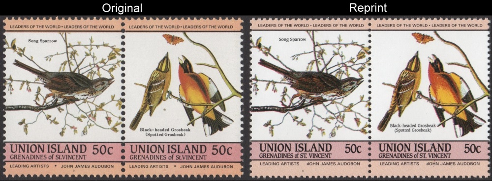 The Forged Unauthorized Reprint Union Island 1985 Audubon Birds Scott 187 Pair with Original Pair for Comparison