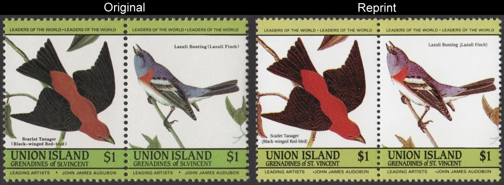 The Forged Unauthorized Reprint Union Island 1985 Audubon Birds Scott 188 Pair with Original Pair for Comparison