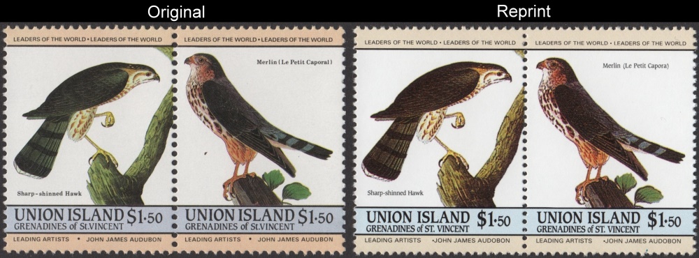 The Forged Unauthorized Reprint Union Island 1985 Audubon Birds Scott 189 Pair with Original Pair for Comparison