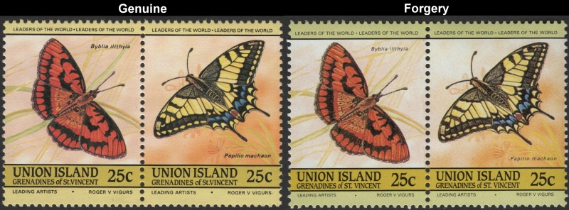 Saint Vincent Union Island 1985 Butterflies Forgeries with Genuine 25c Stamp Comparison