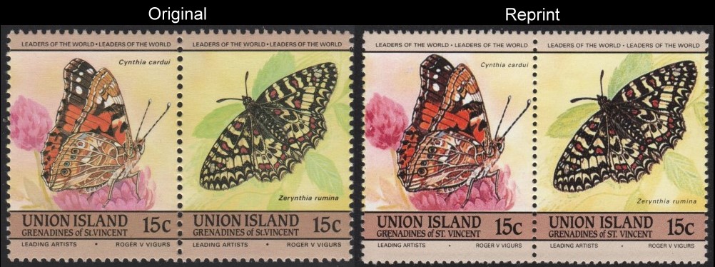The Forged Unauthorized Reprint Union Island 1985 Butterflies Scott 194 Pair with Original Pair for Comparison