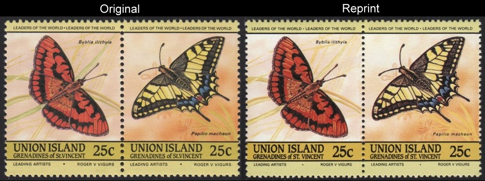The Forged Unauthorized Reprint Union Island 1985 Butterflies Scott 195 Pair with Original Pair for Comparison