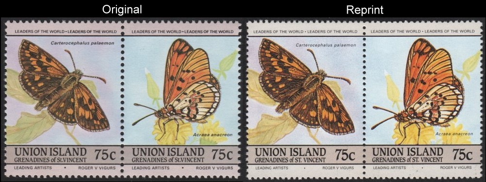 The Forged Unauthorized Reprint Union Island 1985 Butterflies Scott 196 Pair with Original Pair for Comparison