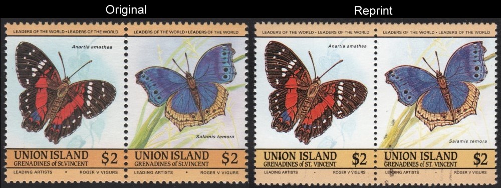 The Forged Unauthorized Reprint Union Island 1985 Butterflies Scott 197 Pair with Original Pair for Comparison
