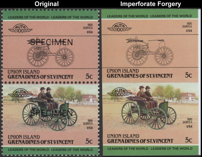 Saint Vincent Union Island 1985 Automobiles Duryea Fake with Original 5c Stamp Comparison