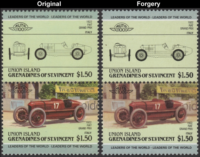 Saint Vincent Union Island 1985 Automobiles Fiat Fake with Original $1.50 Stamp Comparison